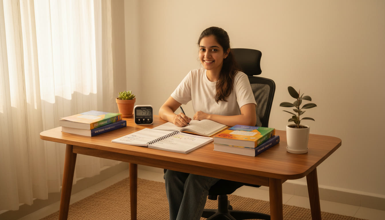 Photo Idea : Student at a desk with textbooks, a planner, and a countdown timer