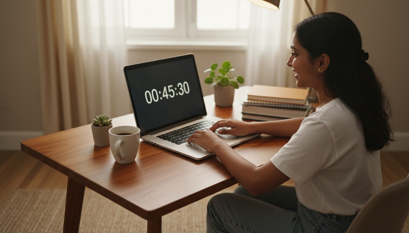 Photo Idea : Student taking a timed mock test on a laptop at a study desk with a visible countdown timer.