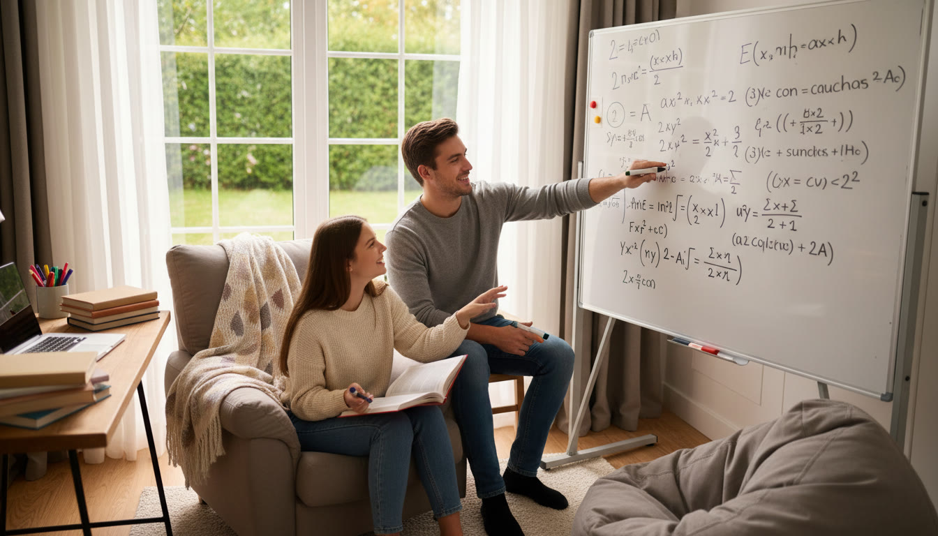 Photo Idea : Tutor and student working through a whiteboard full of equations in a cozy study nook