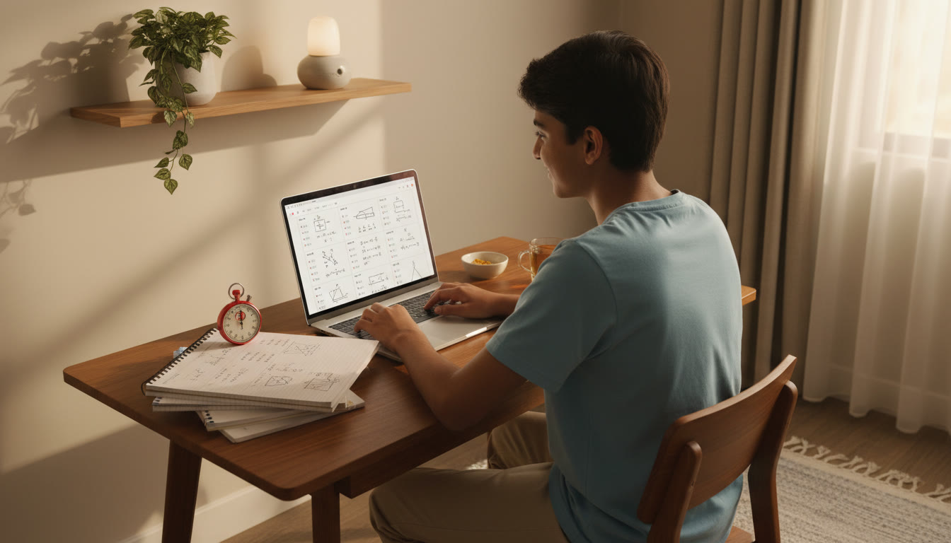 Photo Idea : A student at a study desk taking a timed full-length mock test on a laptop, a stopwatch and handwritten notes nearby.