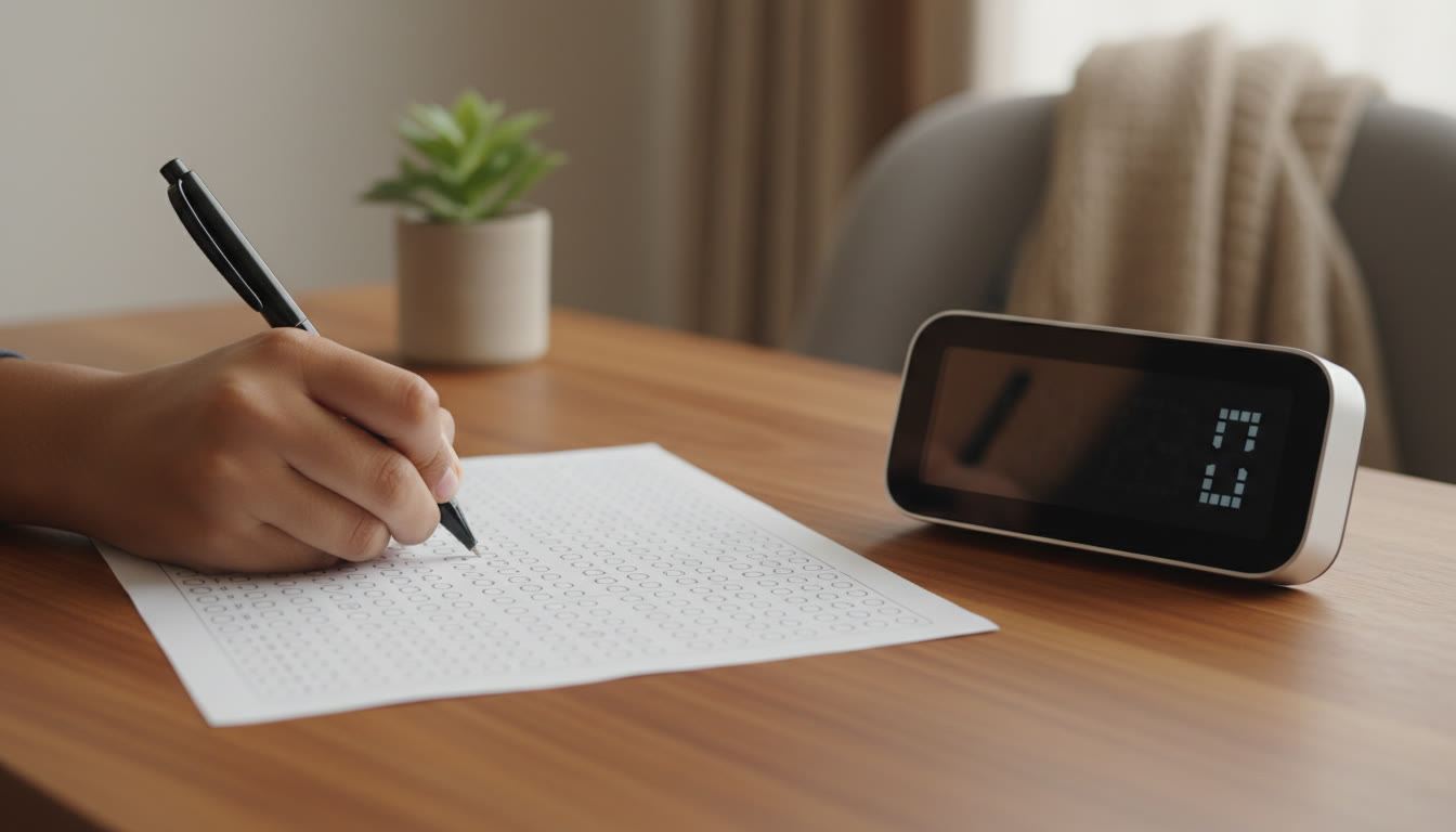 Photo Idea : Close-up of a hand filling an OMR style answer sheet with a pen and a timer beside it