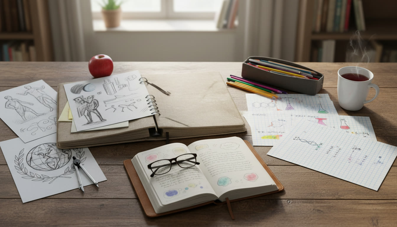 Photo Idea : A student portfolio spread open on a table with sketches, lab notes, and reflective journal entries