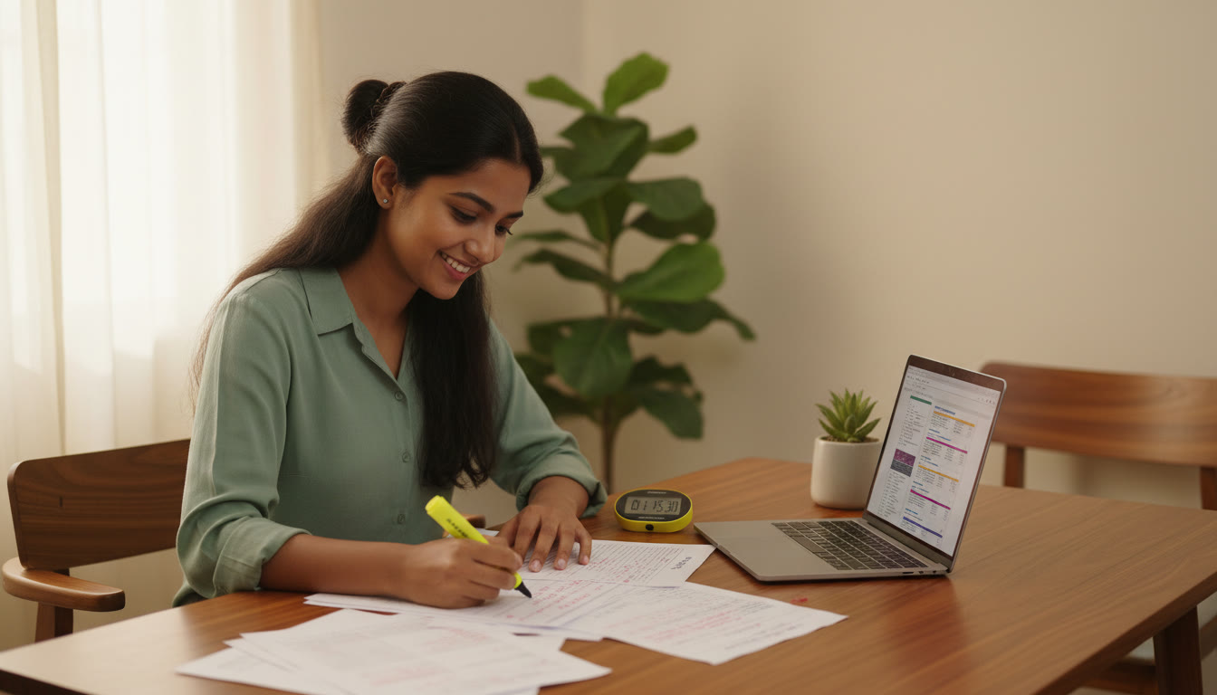 Photo Idea : A student analyzing marked mock-test sheets with a highlighter, stopwatch, and a laptop open to their error log.