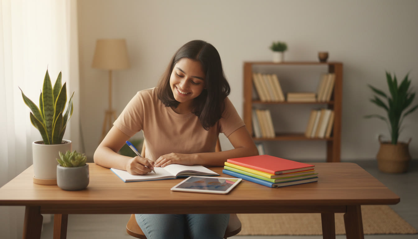 Photo Idea : A student at a tidy desk surrounded by colorful notebooks, writing a summary while smiling