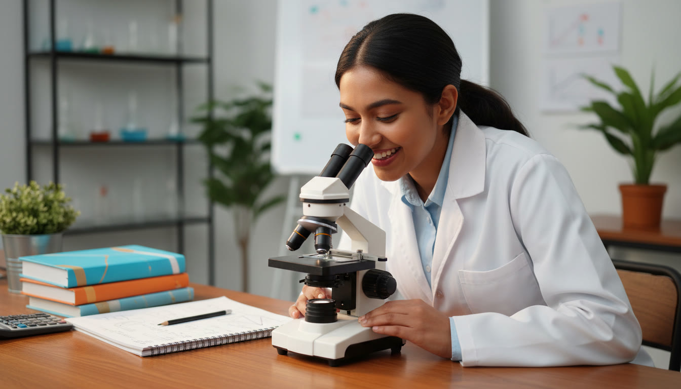 Photo Idea : Student in a lab coat peering into a microscope with notebooks and IB textbooks nearby