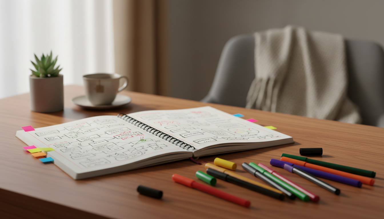 Photo Idea : Close-up of an error log notebook with colored markers and sticky flags