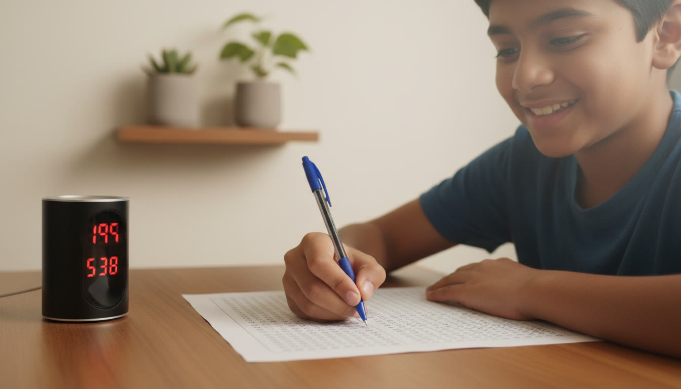 Photo Idea : Close-up of a student marking answers on a sheet with a timer in frame