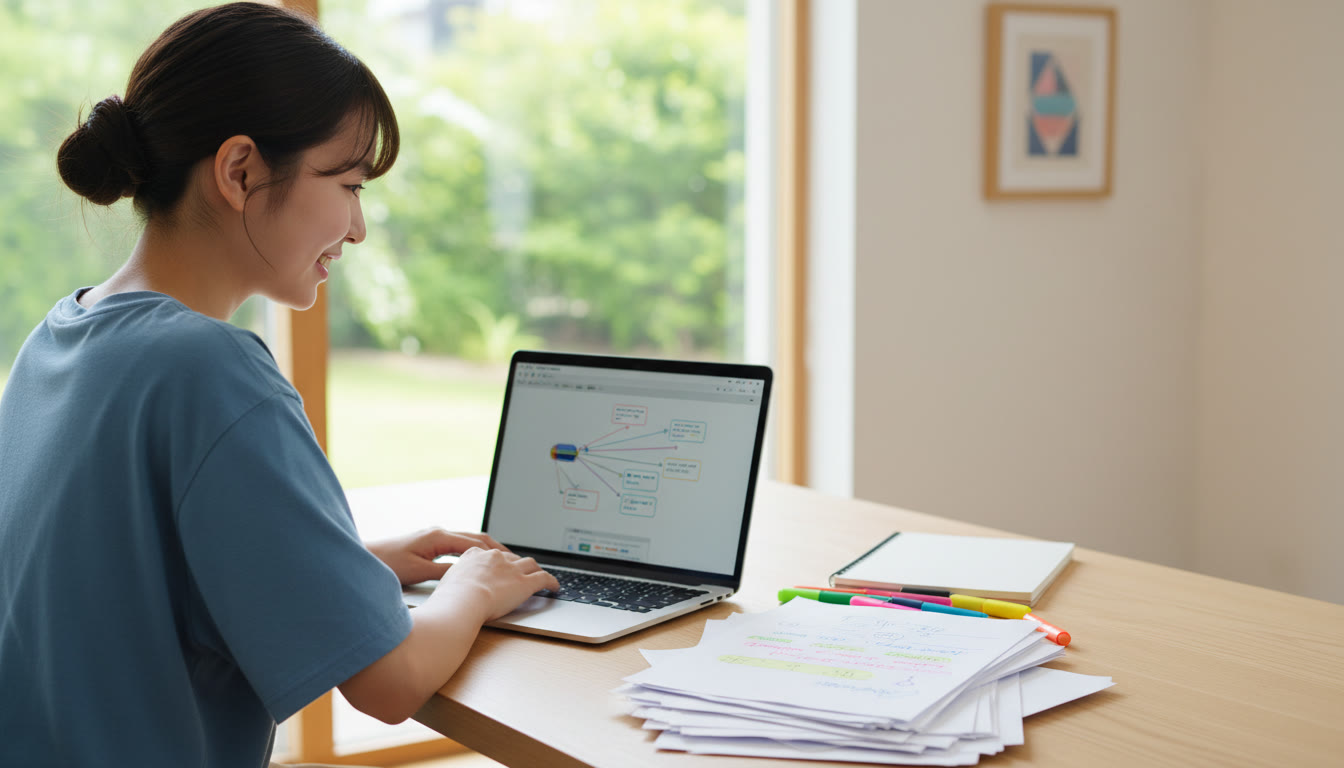 Photo Idea : A focused student at a tidy desk, one clean printed draft on top of a stack of annotated drafts, a laptop open to a feedback document