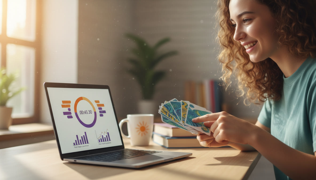 Photo Idea : Close-up of a student using flashcards and a laptop showing a past paper timer