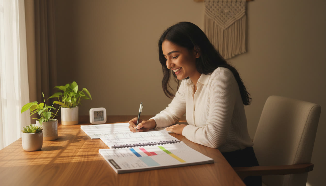 Photo Idea : Student at a tidy desk with a timer, open notebooks, and a neat weekly planner.