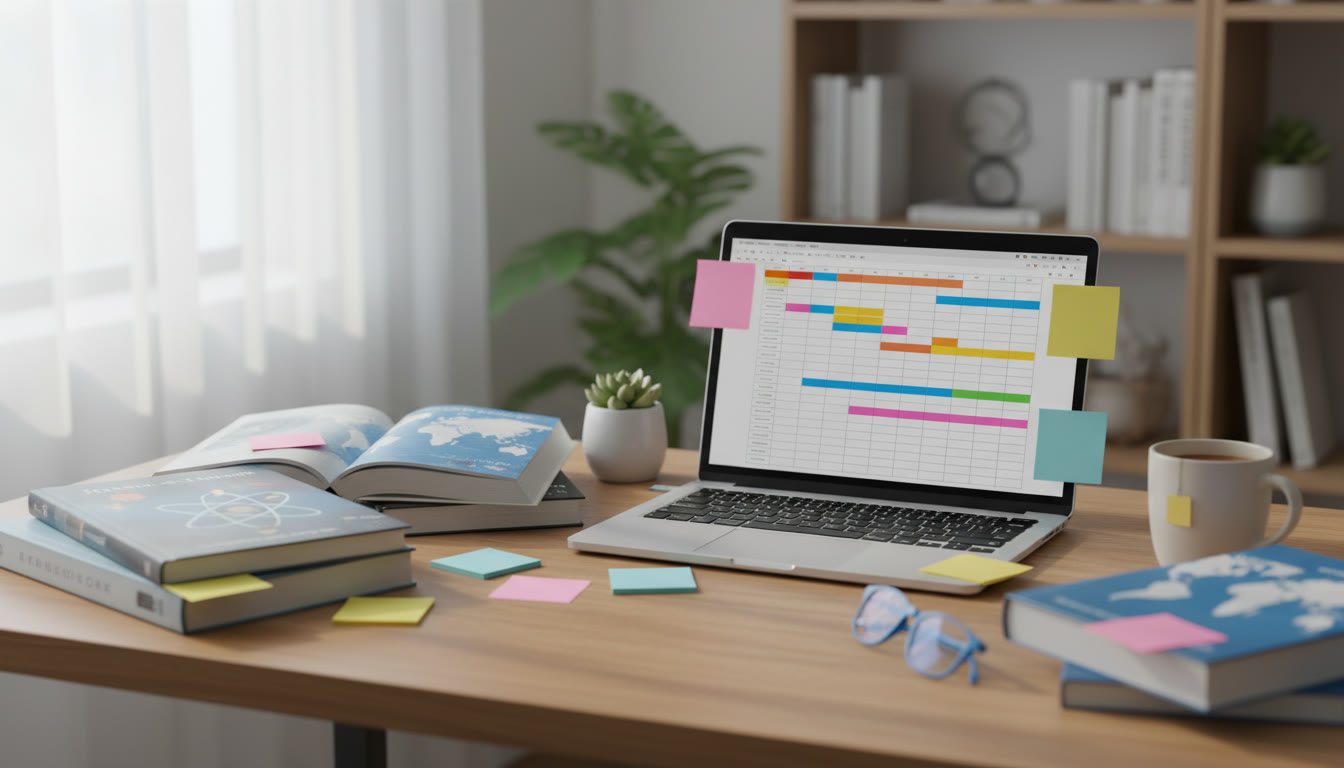 Photo Idea : A calm study desk with open IB textbooks, sticky notes, and a laptop with a revision timetable on screen.