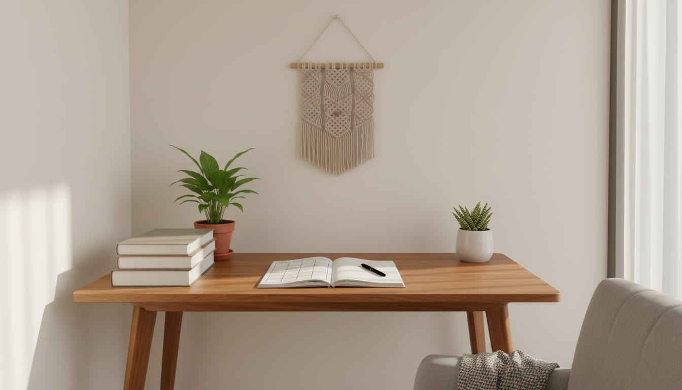 Photo Idea : A bright study corner with a notebook open to a weekly timetable, a pen, and textbooks stacked neatly