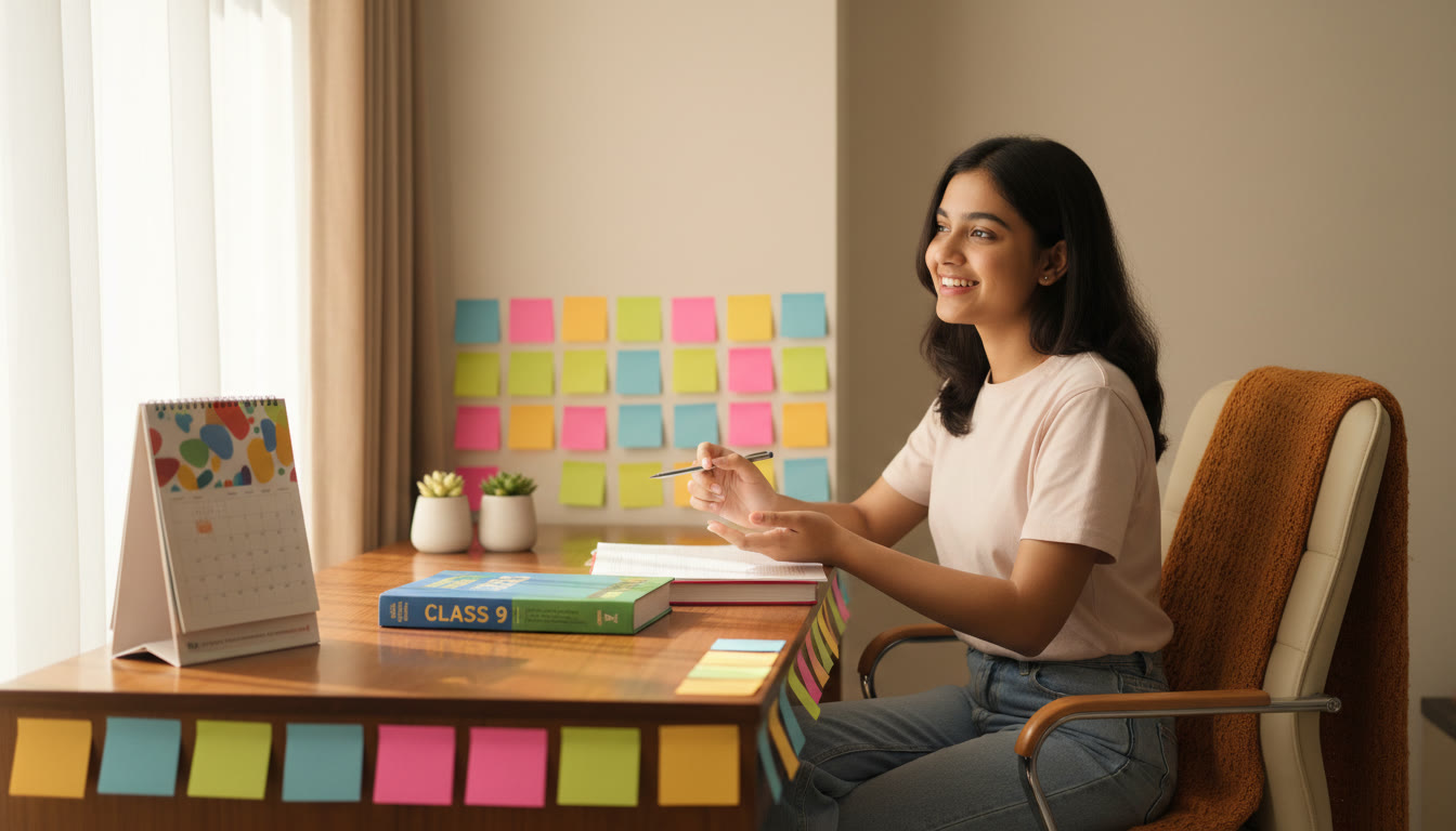 Photo Idea : Student at a tidy study desk with Class 9 and Class 10 textbooks, colorful sticky notes, and a calendar