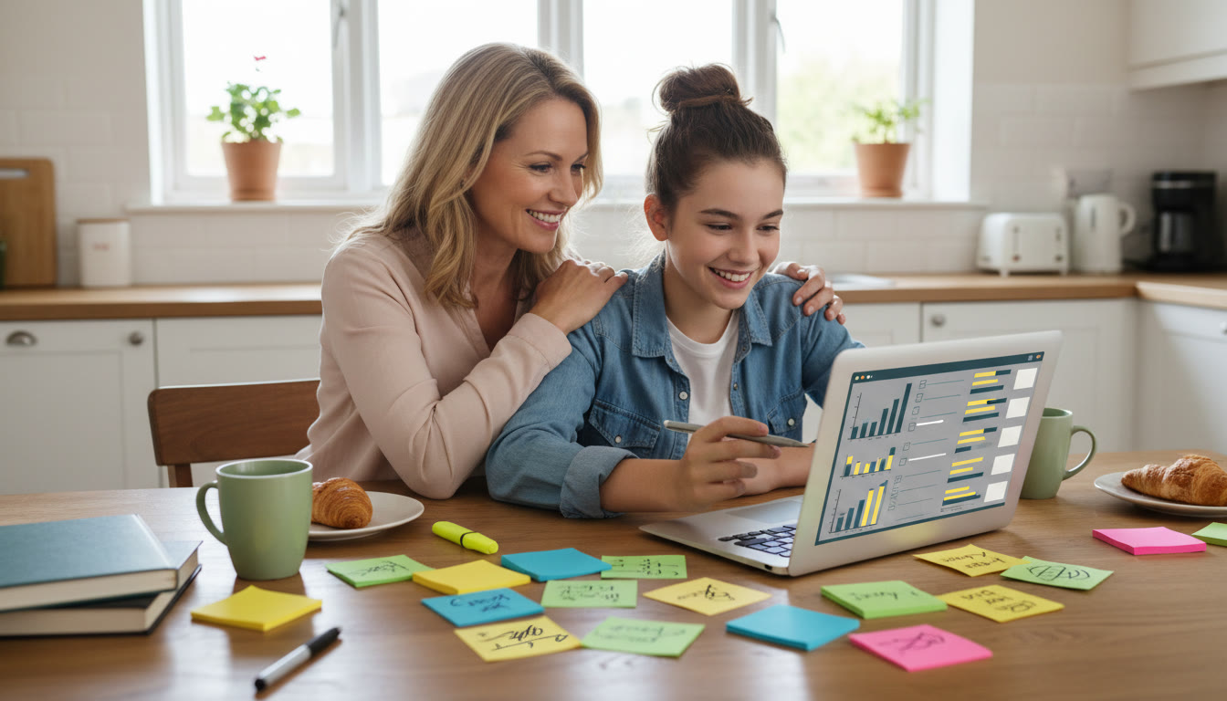 Photo Idea : Parent and student at a kitchen table, laptop open with checklists and color-coded sticky notes