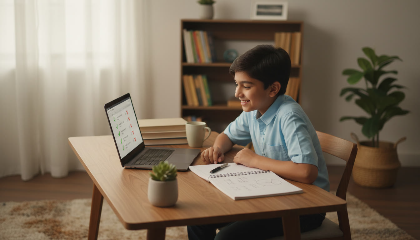 Photo Idea : student reviewing marked answers on a laptop with a notebook and pen beside them