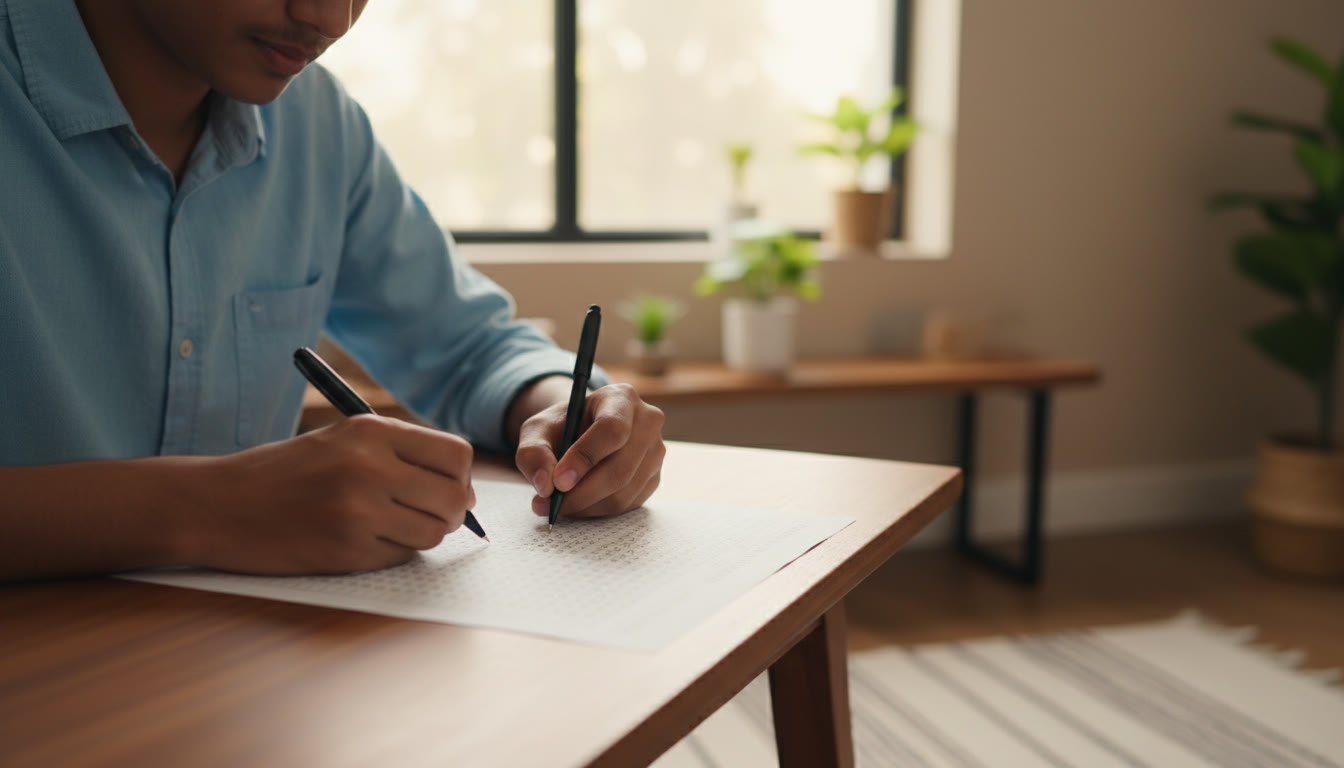 Photo Idea : Close-up of a student marking answers on a mock OMR sheet with a calm, focused expression