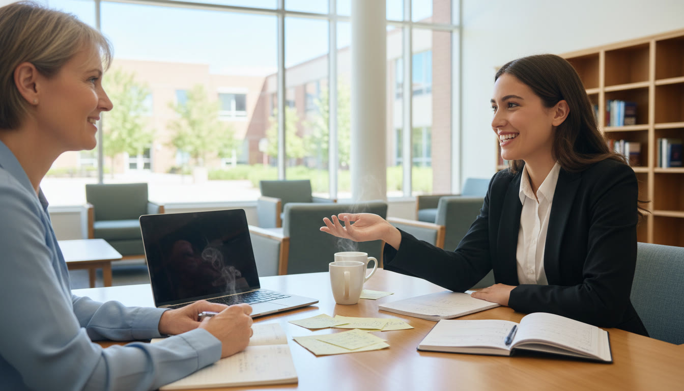 Photo Idea : Student practicing interview with a coach, notes on table