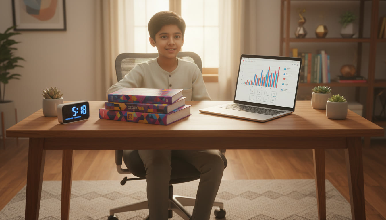 Photo Idea : Student at a study desk with NEET books, timer, and a laptop displaying a mock test screen