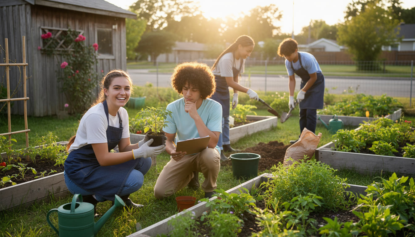 Photo Idea : A small group of students collaborating on a community garden project, one student writing notes while another hands over a plant