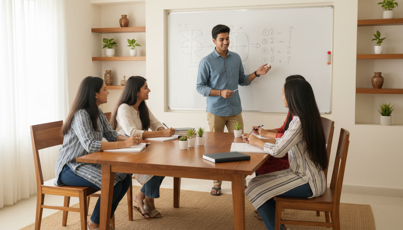 Photo Idea : A small group session with a tutor solving physics MCQs on a whiteboard