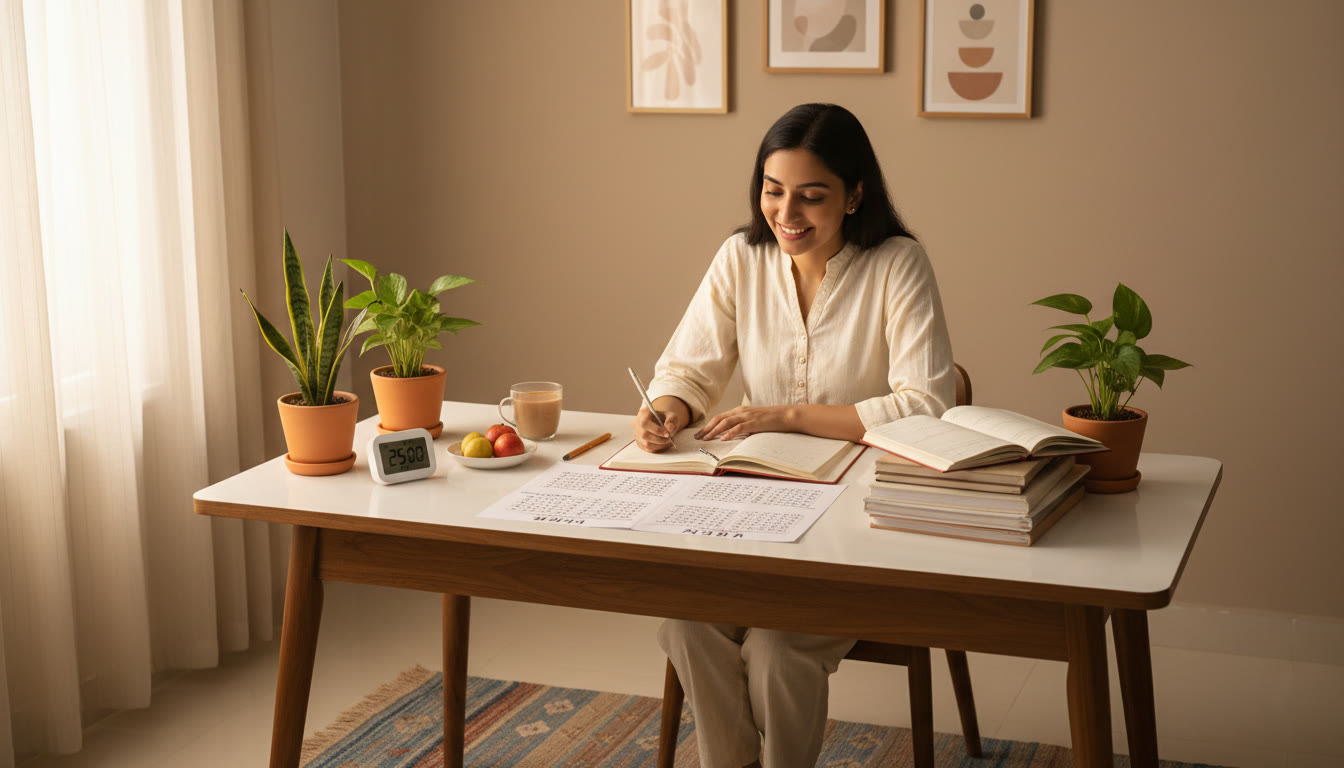 Photo Idea : A focused student at a tidy desk with notebooks, a timer, and a mock test paper visible