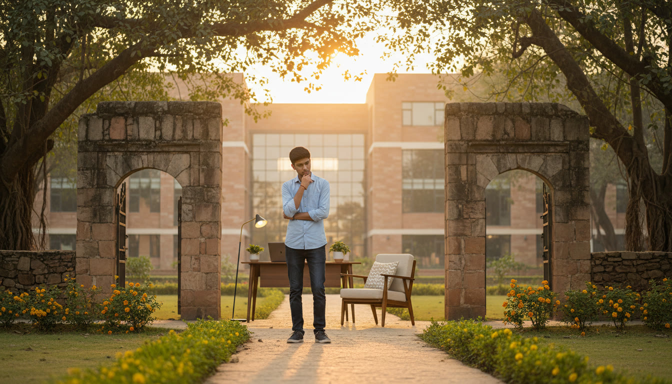 Photo Idea : Student standing between two campus gates, thoughtful expression