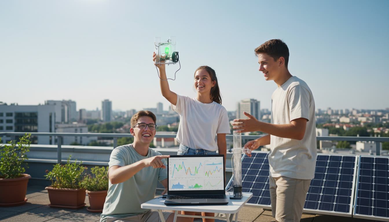 Photo Idea : A small team of students testing a homemade air-quality sensor on a sunny rooftop with a laptop showing live charts