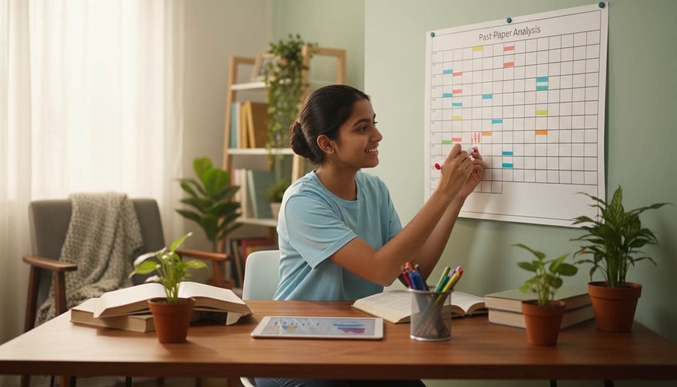 Photo Idea : a focused student marking topics on a large printed past-paper grid
