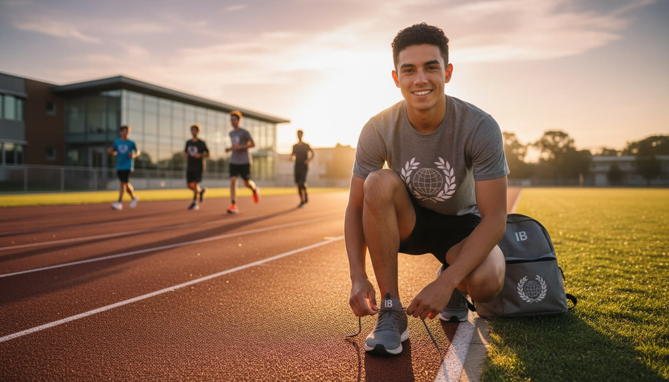 Photo Idea : A student athlete lacing up shoes by a track at golden hour