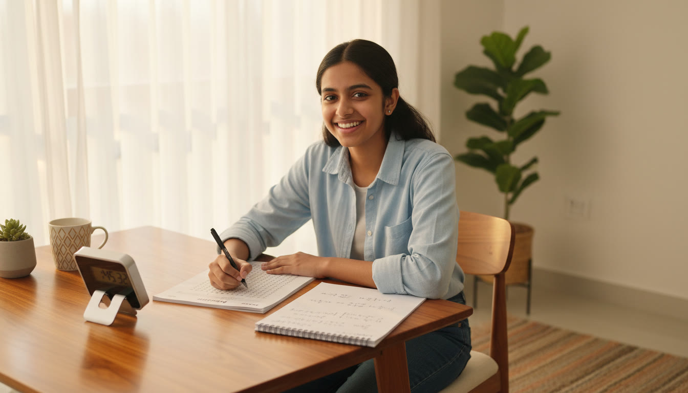 Photo Idea : Student taking a full-length mock test at a desk with an OMR sheet, a stopwatch, and a rough sheet