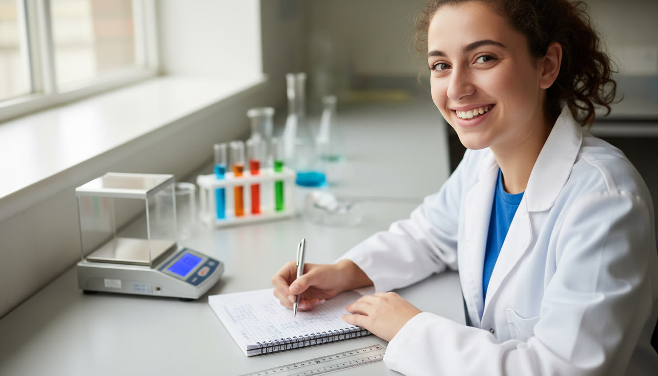 Photo Idea : Student in a lab notebook writing measurements beside a small digital balance and a ruler
