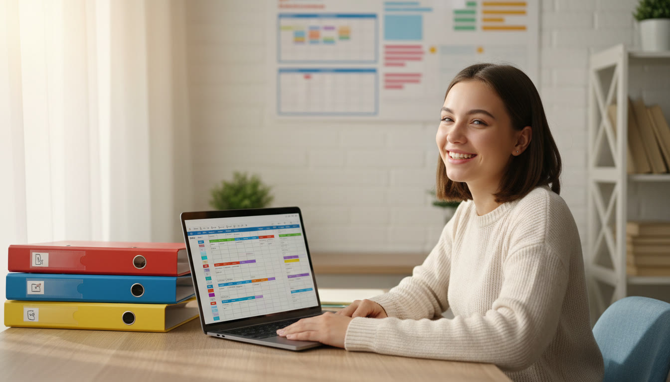 Photo Idea : A student at a desk with color-coded folders, a calendar, and a laptop displaying a study plan.