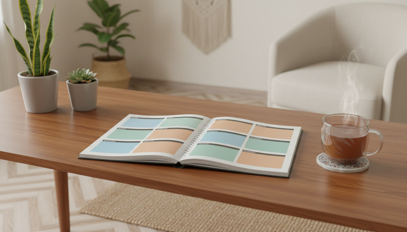 Photo Idea : A study planner with color-coded sticky notes, a clear schedule, and a mug to suggest routine and calm organization