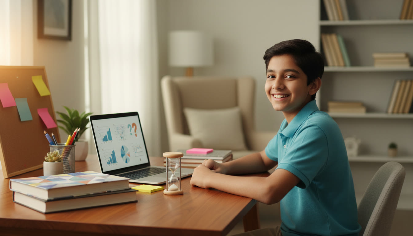 Photo Idea : Student at a tidy desk with ISC textbooks, sticky notes, timer, and a laptop displaying practice questions