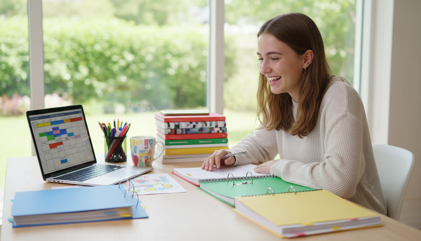 Photo Idea : A focused IB student at a tidy desk with color-coded notes, a laptop showing a study timetable, and a stack of textbooks