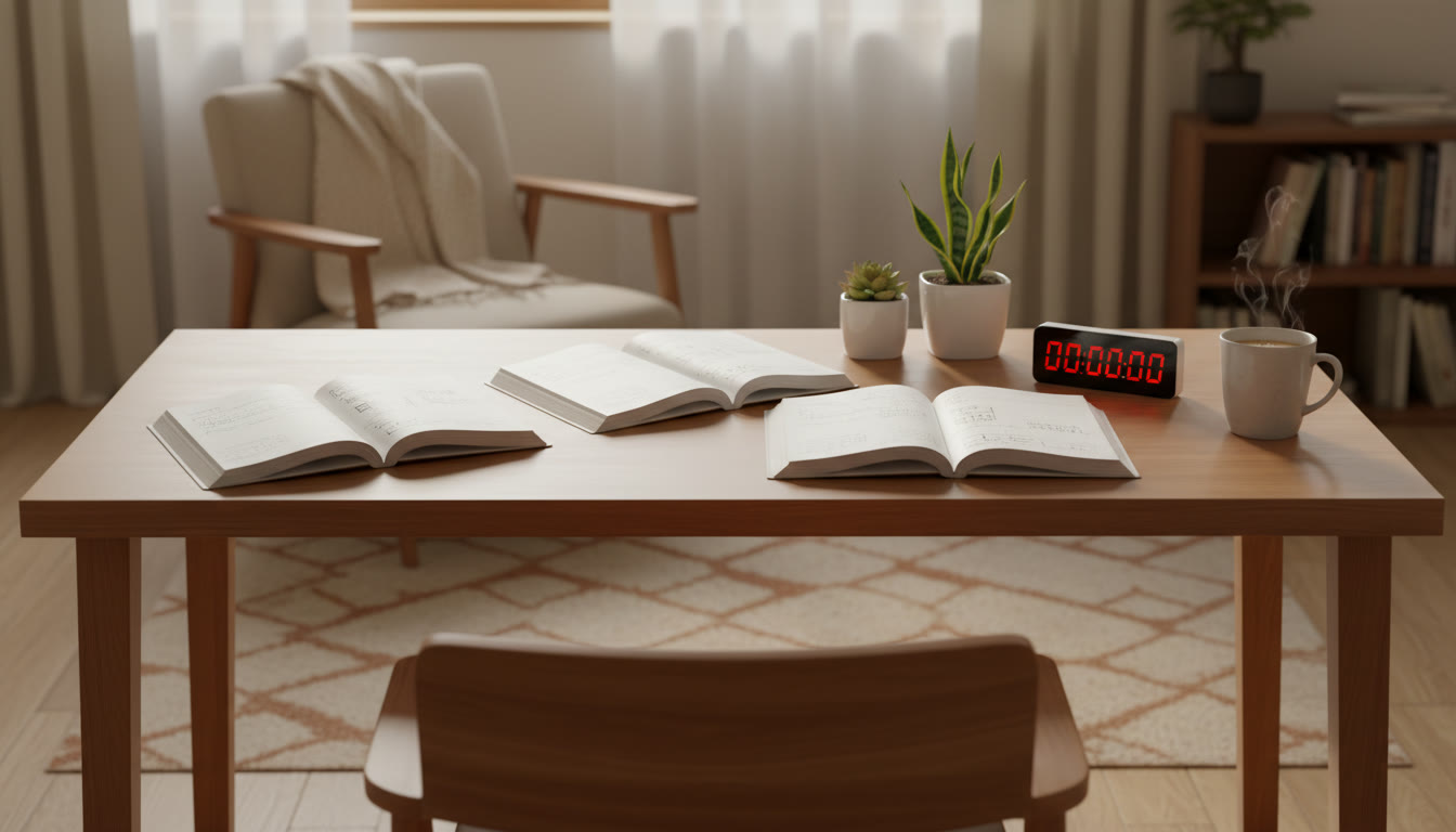 Photo Idea : Student desk with three open notebooks labeled Physics, Chemistry, Biology and a visible countdown timer