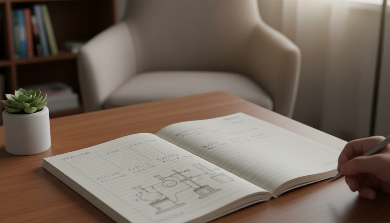 Photo Idea : A close-up of a student’s lab record showing an observation table, neat calculations, and a labeled schematic of the apparatus used.