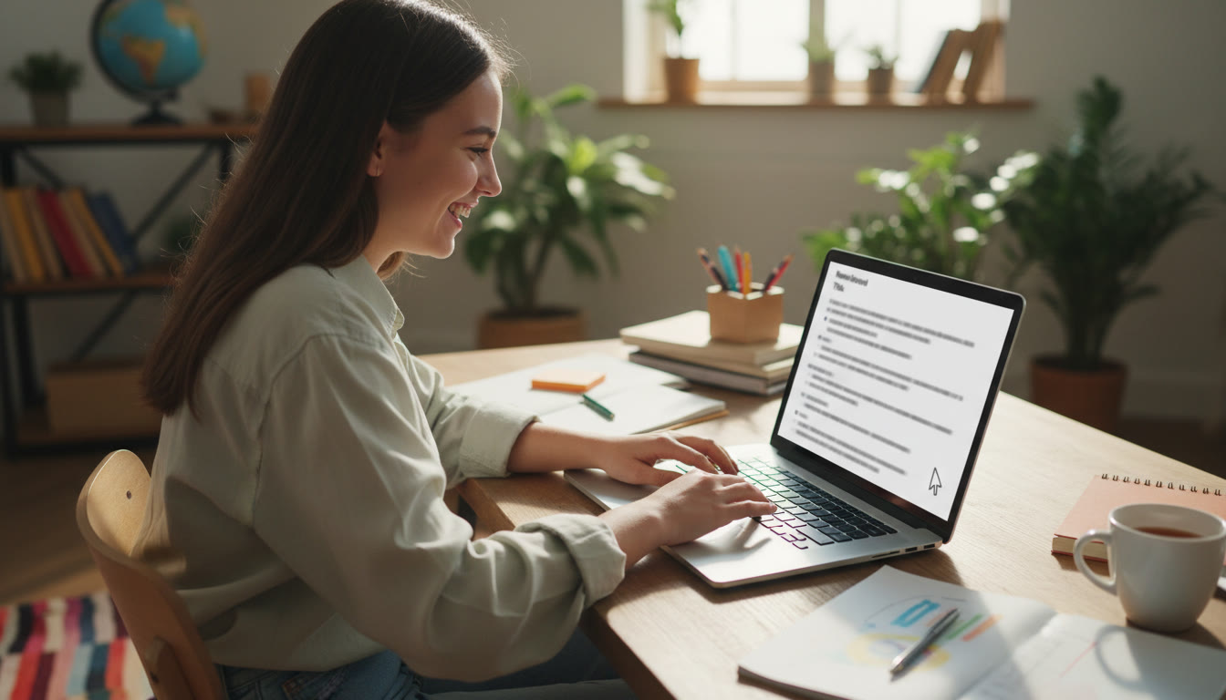 Photo Idea : A student typing an email on a laptop with a concise, typed research pitch visible on the screen