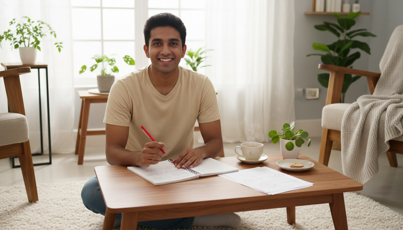 Photo Idea : A student reviewing a mock test with a notebook titled