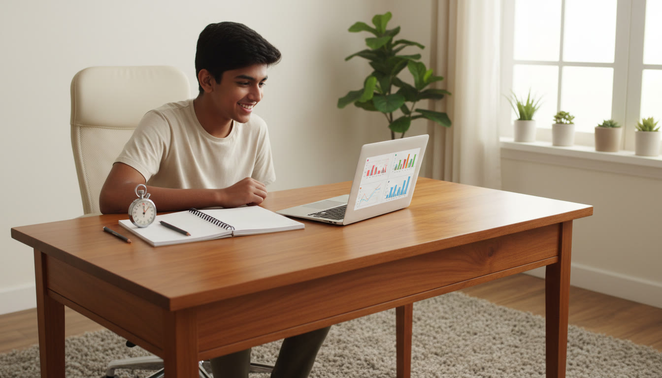 Photo Idea : Student taking a timed mock test on a laptop with a notepad and a stopwatch nearby