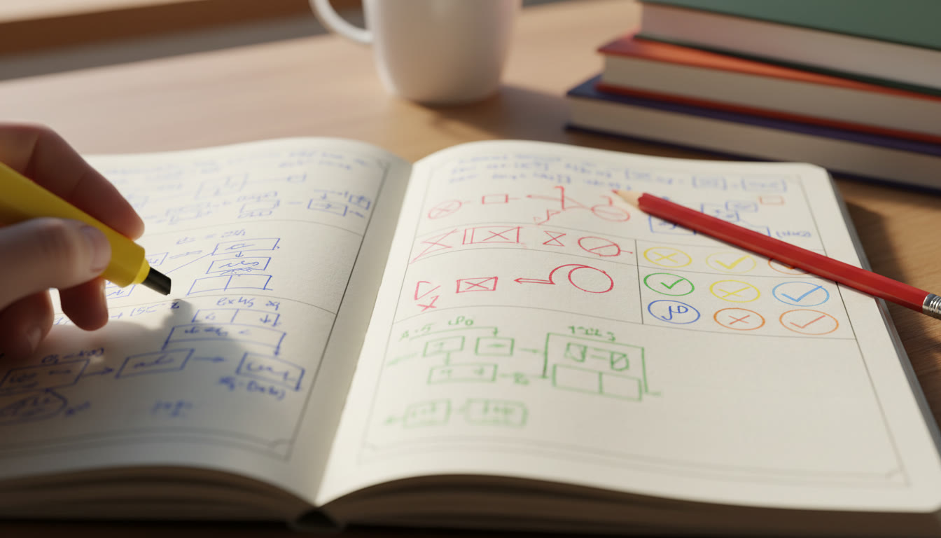 Photo Idea : Close-up of student notes with color-coded error log and red-pencil corrections