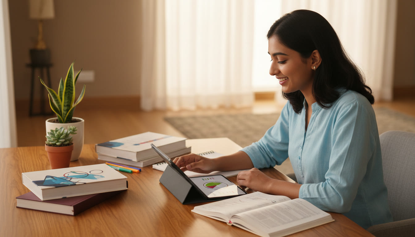 Photo Idea : A focused ISC student at a desk with open textbooks and a tablet showing a mock test timer