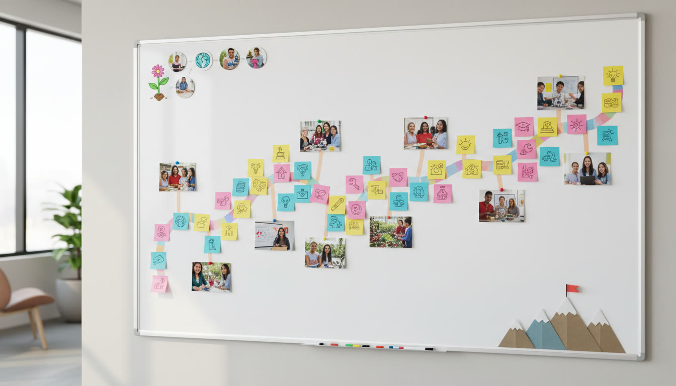 Photo Idea : a whiteboard timeline with sticky notes and project photos mapping milestones for a scholarship submission