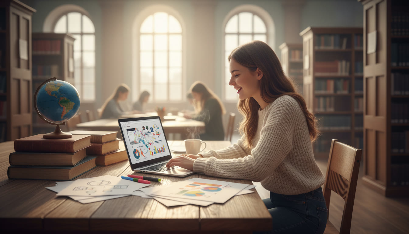 Photo Idea : Student sitting at a wooden table with a laptop, archival books, and scattered notes, mid-thought.