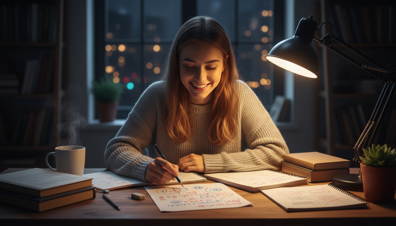 Photo Idea : A student sitting at a desk under warm lamp light, notebooks scattered, a marked problem sheet in front with notes and arrows