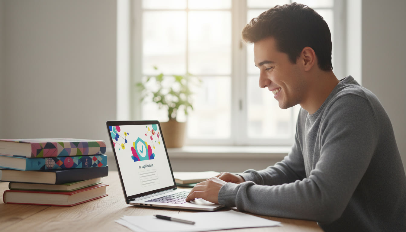 Photo Idea : Student at a laptop smiling while viewing an application confirmation email with IB books stacked nearby