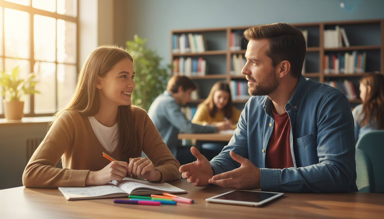 Photo Idea : Student and teacher sitting across a table with a notebook open, mid-conversation, warm natural light