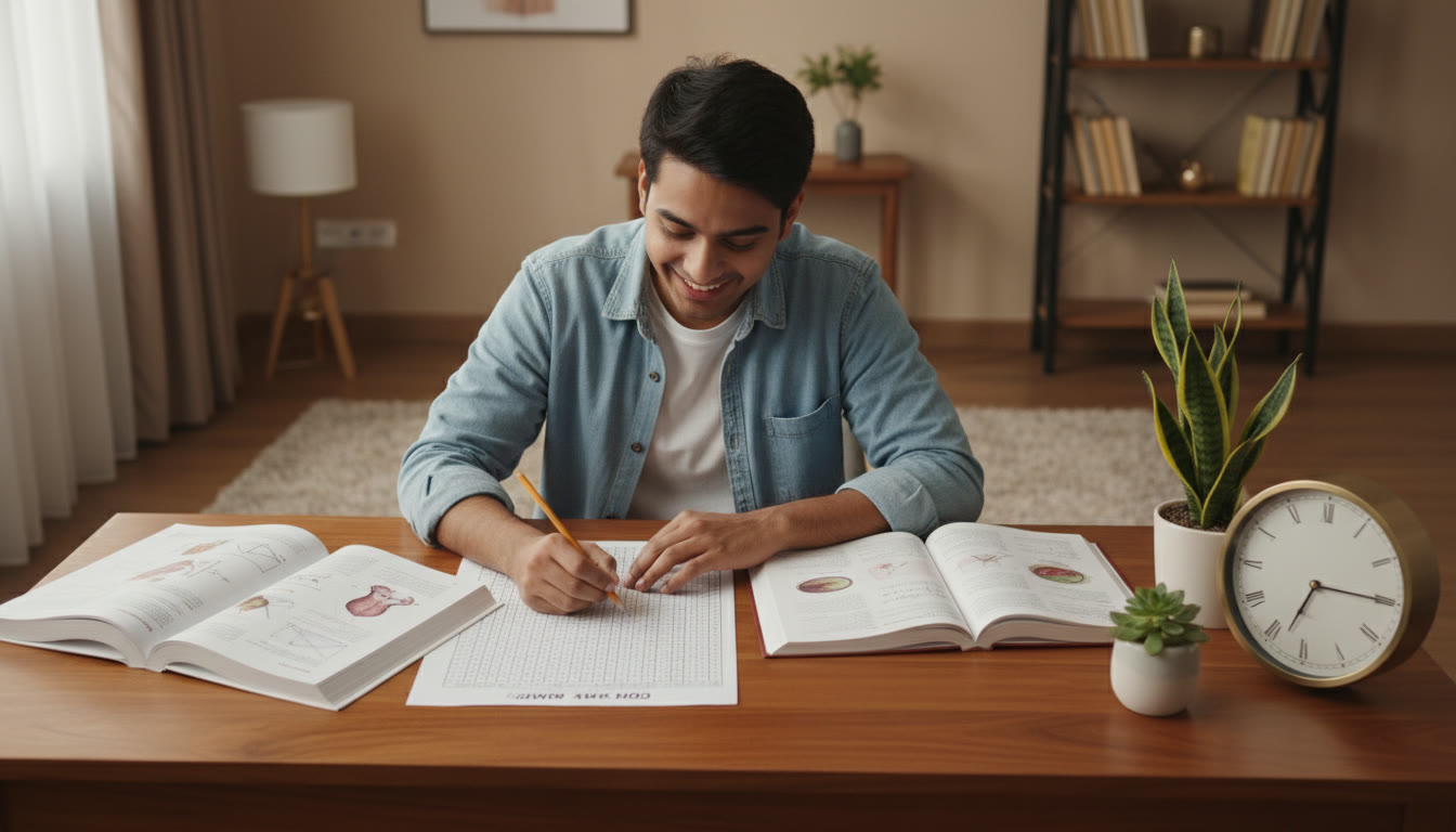 Photo Idea : Focused student at a tidy desk with open books, a mock OMR sheet, and a visible analog clock