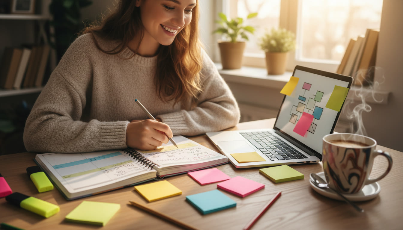 Photo Idea : Student at a desk with a colorful planner, laptop open, sticky notes, and a mug of coffee