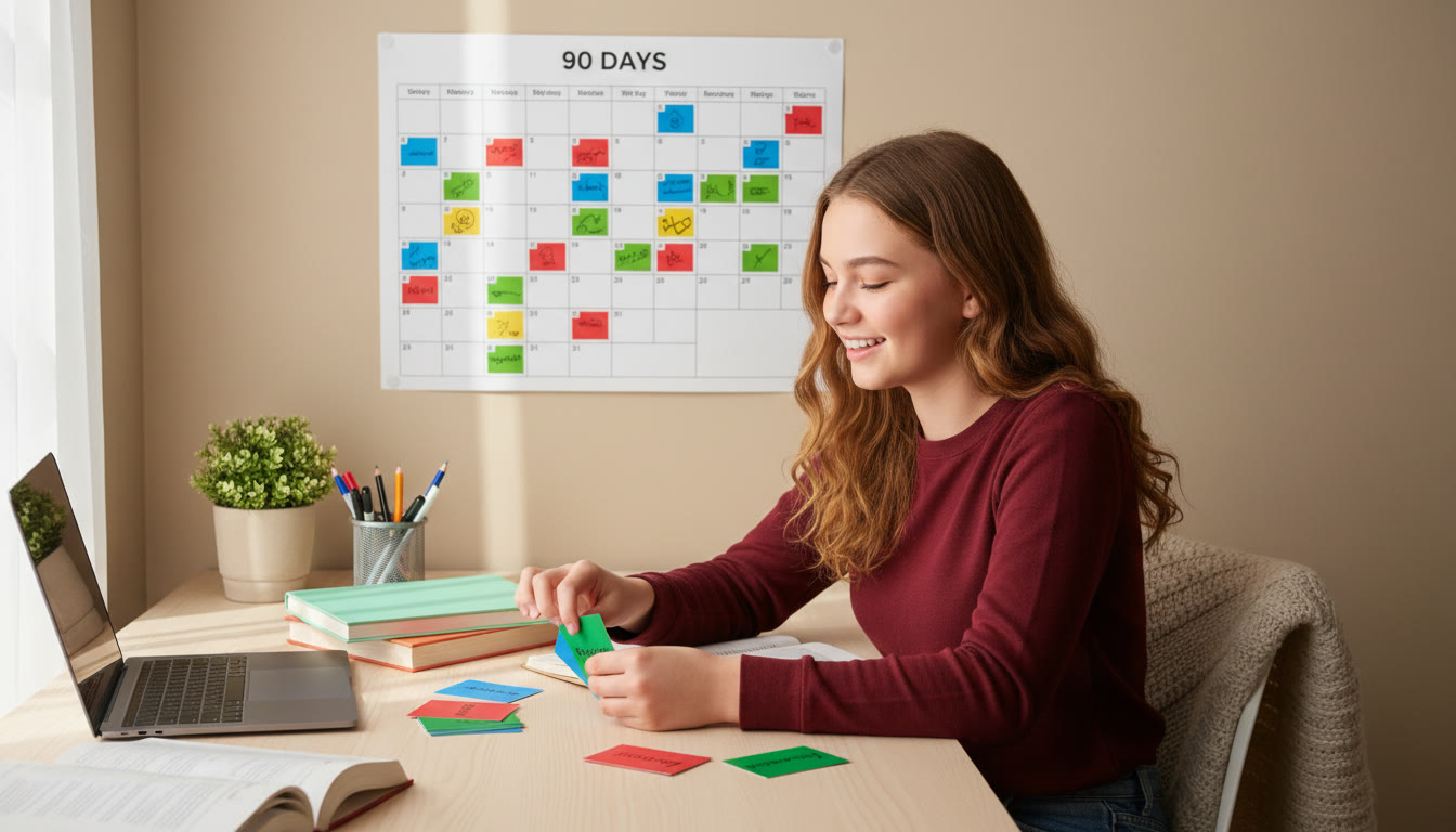 Photo Idea : A focused student at a desk with color-coded flashcards and a neat 90-day calendar taped to the wall